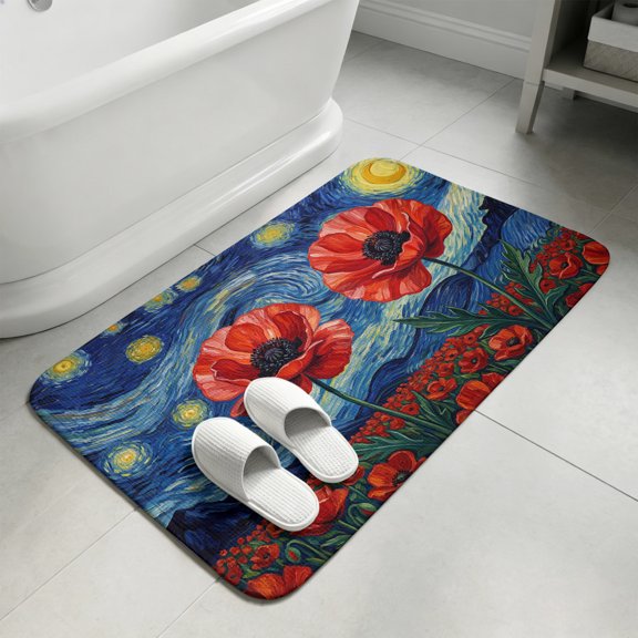 Poppy Starry Sky Bathroom Rugs Non Slip Washable Bath Mat Absorbent Low Pile Front Door Mat Artwork Painting Abstract Art Indoor Doormat for Kitchen Entryway Shower Decor Accessories 15.7"x23.6"