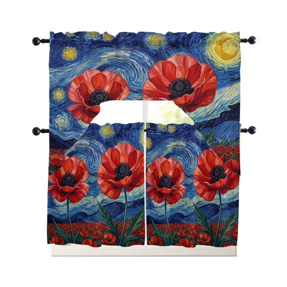 Poppy Starry Sky Kitchen Curtains Set for Windows 3 Piece Cafe Curtains 36 Inch Length Swag Curtains Valances and Tier Set Artwork Painting Abstract Art Drapes for Bedroom Bathroom Living Room