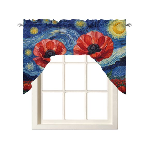 Poppy Starry Sky Swag Curtains for Kitchen Artwork Painting Abstract Art Valances for Windows Rod Pocket Small Window Treatment Short Topper for Cafe Bedroom Bathroom Living Room Decor 56x36 Inch