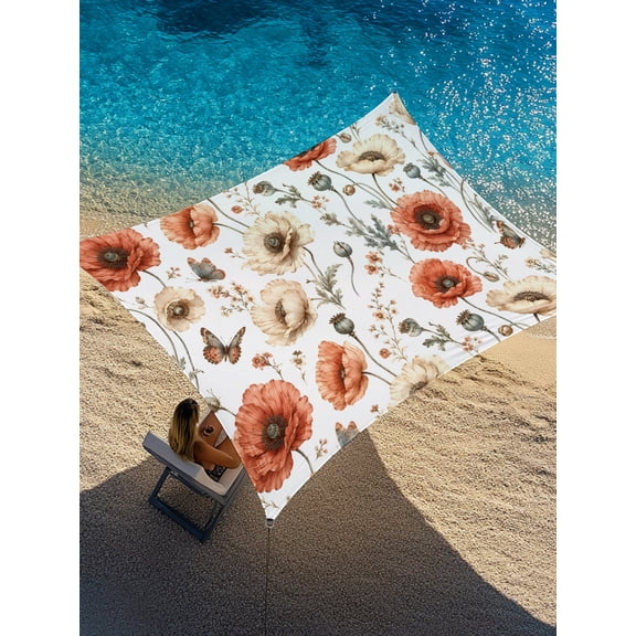 Poppy Sun Shade Sail 12' x 16', Rustic Boho Floral Beige Terracotta Flower Buds Botanical Rectangle Outdoor Sunshade Canopy, Waterproof UV Block Patio Covers for Garden Yard Beach