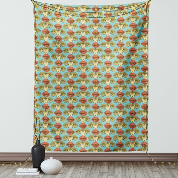 Poppy Tapestry, Vintage Romantic Pattern with Sketch Ram and Poppy Flowers Print, Wall Hanging for Bedroom Living Room Dorm Decor, 40W X 60L Inches, Pale Blue Burnt Sienna Khaki, by Ambesonne