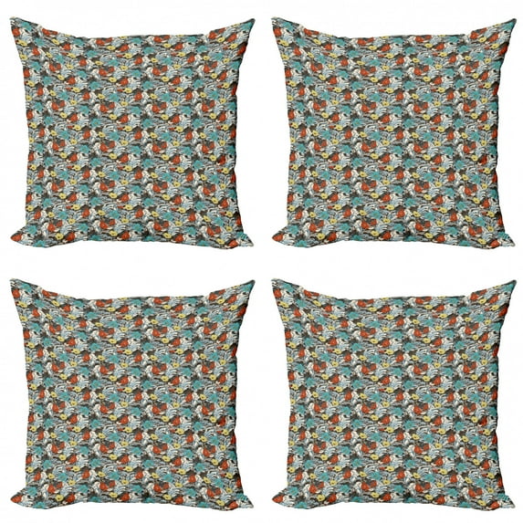 Poppy Throw Pillow Cushion Case Pack of 4, Cartoon Hand Drawn Colorful Flourishing Garden Design Buds Petals Leaves and Curls, Modern Accent Double-Sided Print, 4 Sizes, Multicolor, by Ambesonne