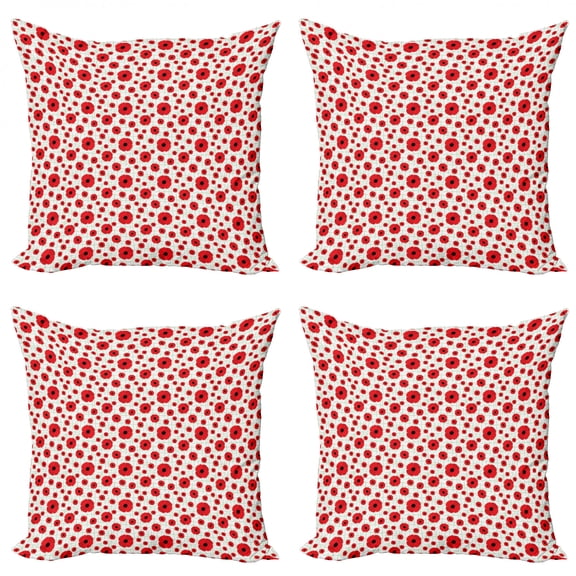 Poppy Throw Pillow Cushion Case Pack of 4, Nature Inspired Spring Pattern with Blossoms and Pale Grid Lines, Modern Accent Double-Sided Print, 4 Sizes, Pale Green Vermilion, by Ambesonne