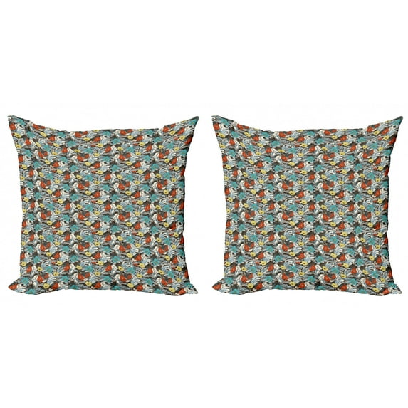 Poppy Throw Pillow Cushion Cover Pack of 2, Cartoon Hand Drawn Colorful Flourishing Garden Design Buds Petals Leaves and Curls, Zippered Double-Side Digital Print, 4 Sizes, Multicolor, by Ambesonne