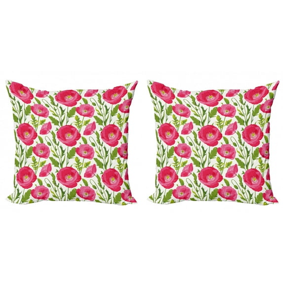 Ambesonne Poppy Flower Throw Pillow Cover 2 Pack, Leaves Petals Romance, 24", Green Pink Cream