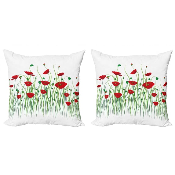 Ambesonne Poppy Flower Throw Pillow Cover 2 Pack, Flowers Rural Field, 20", Scarlet Green White