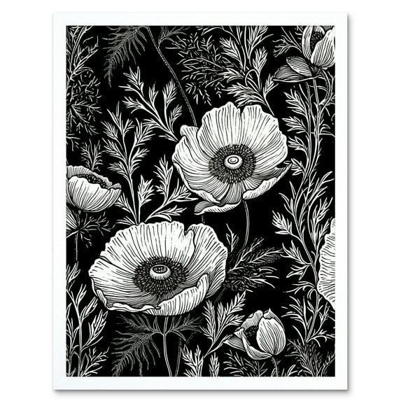 Poppy Wild Flower Pattern Black and White Linocut Art Print Framed Poster Wall Decor 12x16 inch