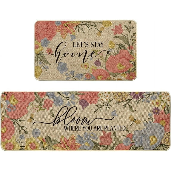 Poppy Wildflowers Dragonfly Bloom Spring Kitchen Mats Set of 2, Home Decor Low-Profile Kitchen Rugs for Floor - 17x29 and 17x47 Inch