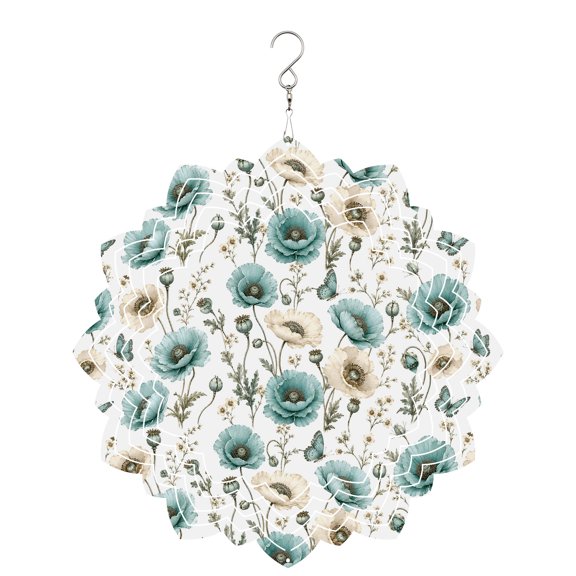 Poppy Wind Spinner for Garden Yard 8In, Rustic Boho Floral Aqua Blue Beige Flower Buds Botanical 3D Stainless Steel Kinetic Hanging Wind Spinners Rustproof Outdoor Decor for Lawn Patio Home