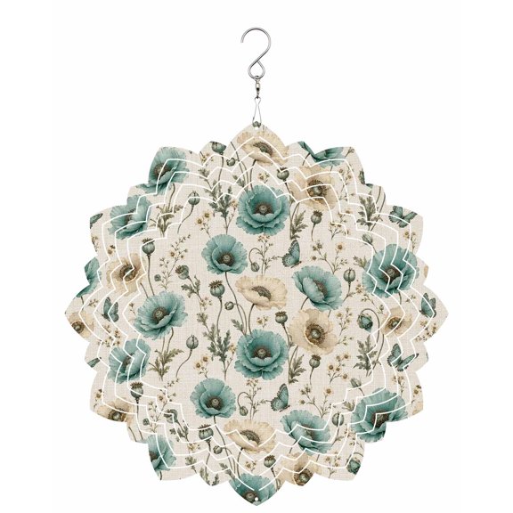Poppy Wind Spinner for Garden Yard 8In, Rustic Boho Floral Beige Aqua Blue Flower Buds Botanical 3D Stainless Steel Kinetic Hanging Wind Spinners Rustproof Outdoor Decor for Lawn Patio Home