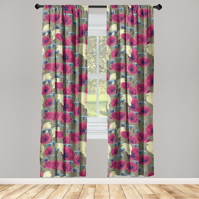 Poppy Window Curtains, Pastel Colors Delicate Floral Composition Simple Design Garden Scene Print, Lightweight Decor 2-Panel Set with Rod Pocket, Pair of - 28"x95", Pale Yellow Magenta, by Ambesonne