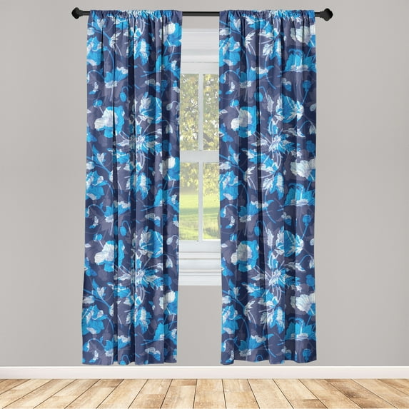 Poppy Window Curtains, Winter Colors Silhouettes of Floral Boho Scene with Butterfly Pattern, Lightweight Decor 2-Panel Set with Rod Pocket, Pair of - 28"x84", Sky Blue Ceil Blue Quartz, by Ambesonne