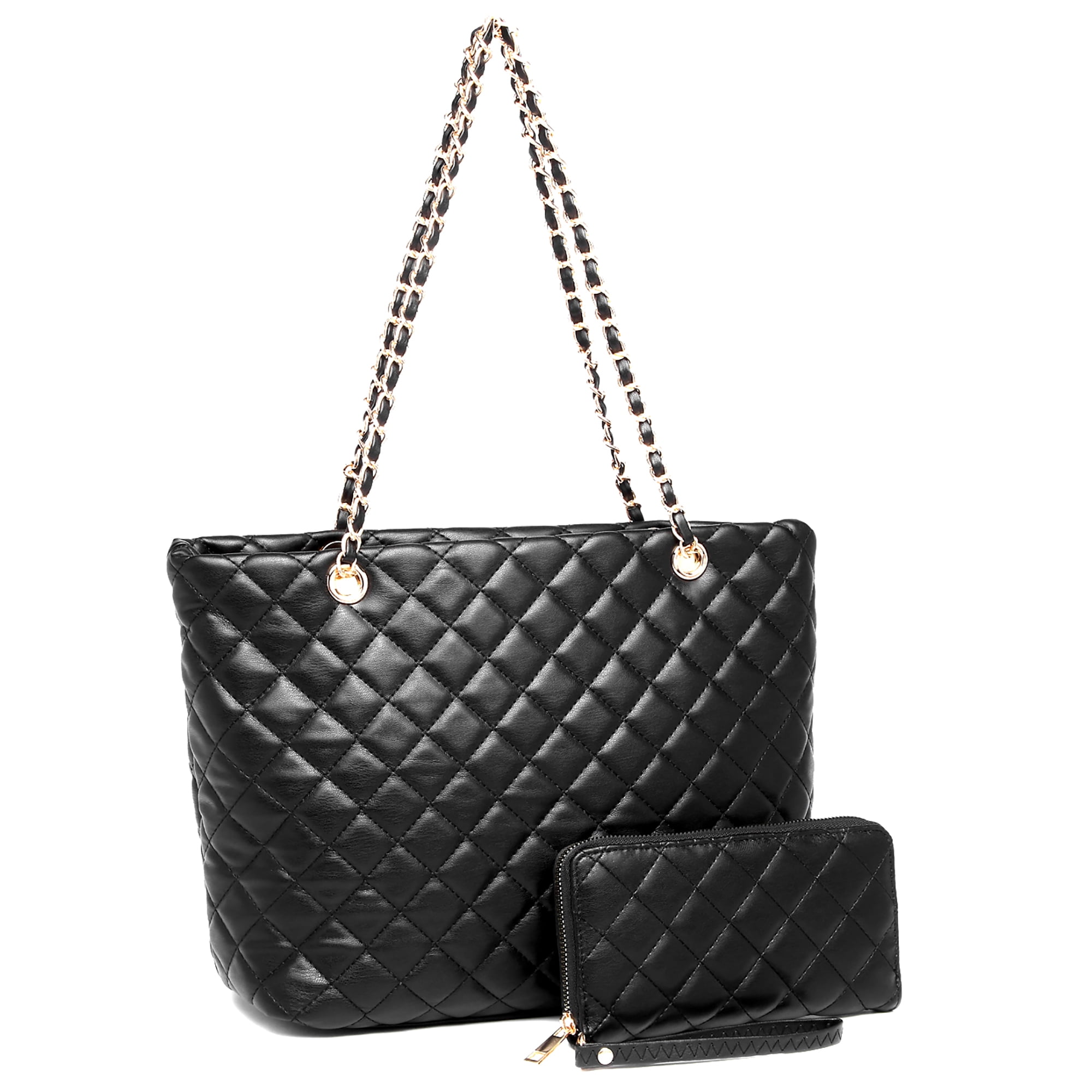 Black Handbag + Black Leather Chain Shoulder Strap Set