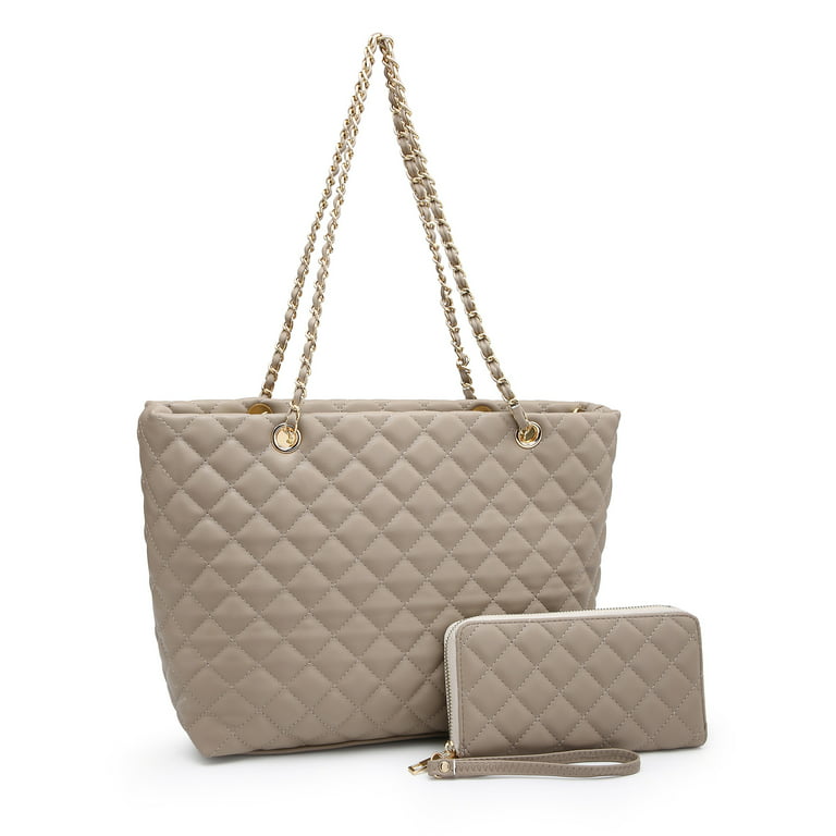 Poppy Women's Classic Quilted Shoulder Bag & Wallet Set Vagan Leather Metal  Chain Strap Tote Handbag Purse 2Pcs 
