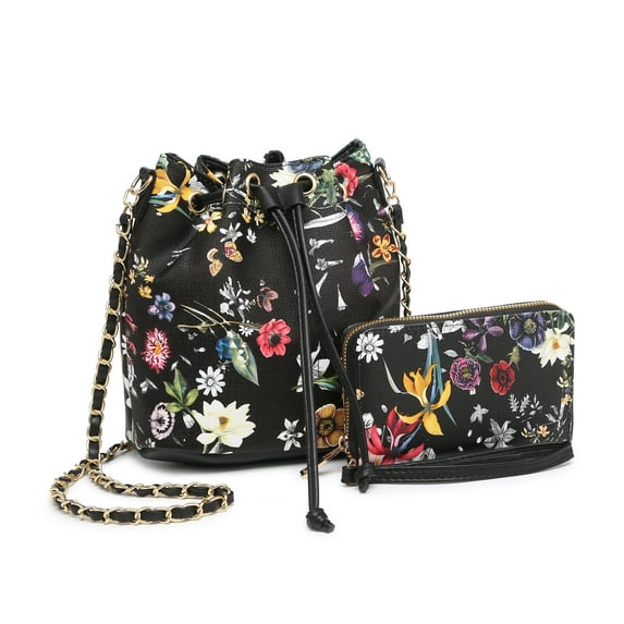 Poppy Women's Flower Pattern Crossbody Bag Fashion Bucket Bag with Wallet 2pcs