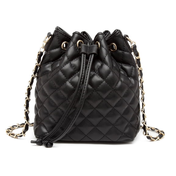 Poppy Women's Vegan Leather Quilted Crossbody Shoulder Purse Drawstring Bucket Bag Messenger Bag