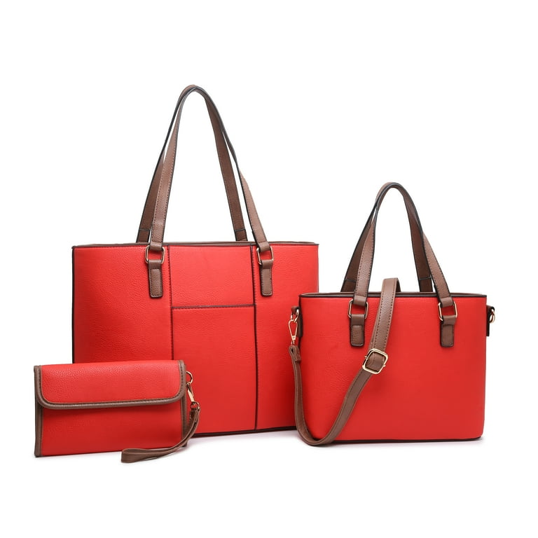 Poppy Womens 3 Pieces Handbags Shoulder Bag Set Satchel with Wallets Faux Leather Totes Bag Set