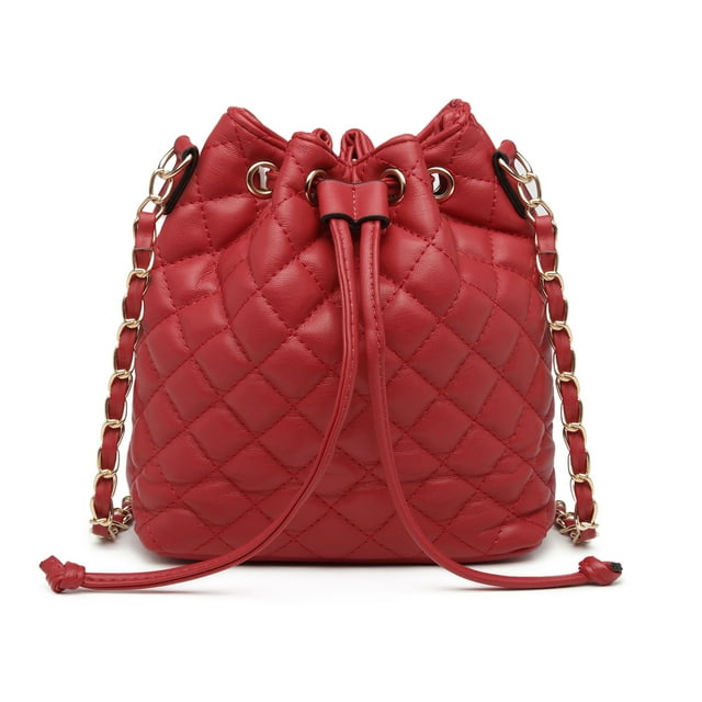 Poppy Womens Leather Quilted Crossbody Bag Handbags Purses Drawstring Bucket Shoulder Bag Satchels Messenger Bag