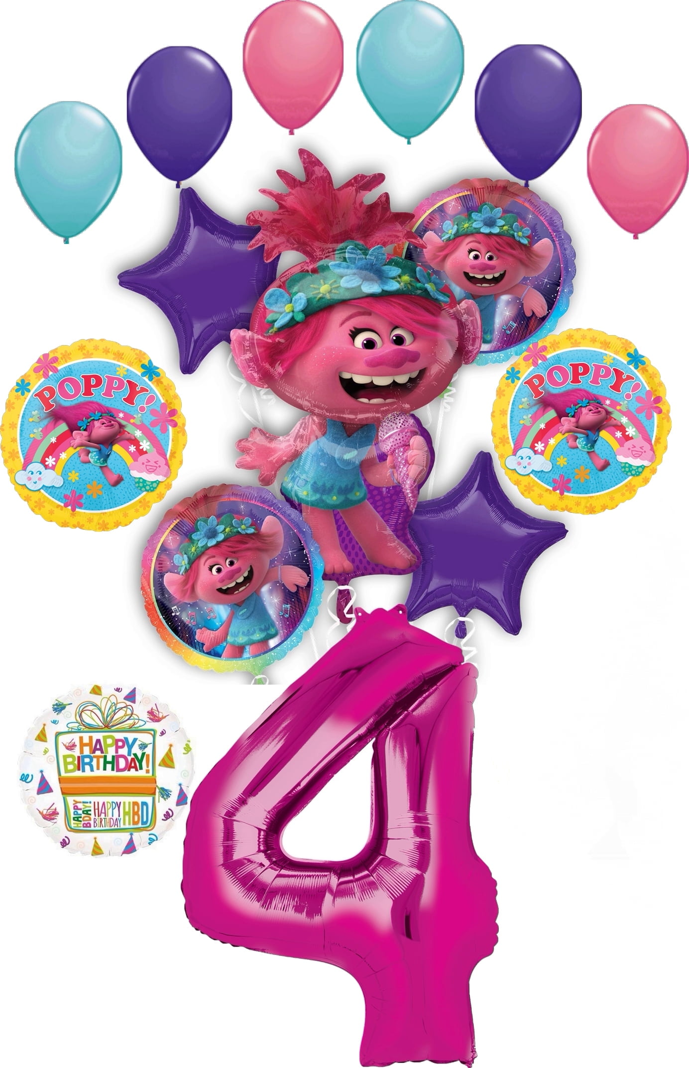 Poppy World Tour 4th Birthday Party Supplies 15pc Balloon Bouquet Decorations