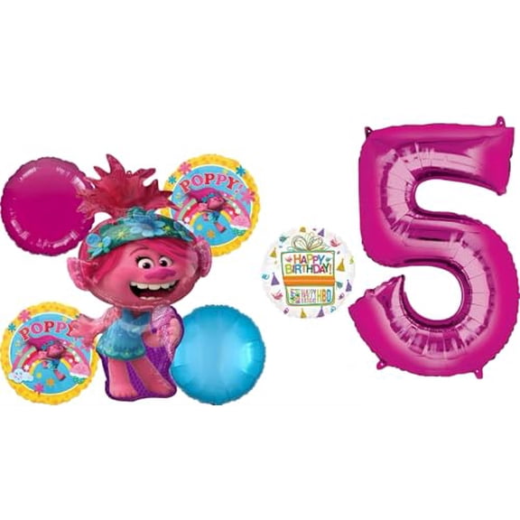 Poppy World Tour 5th Birthday Party Supplies 7pc Balloon Bouquet Decorations