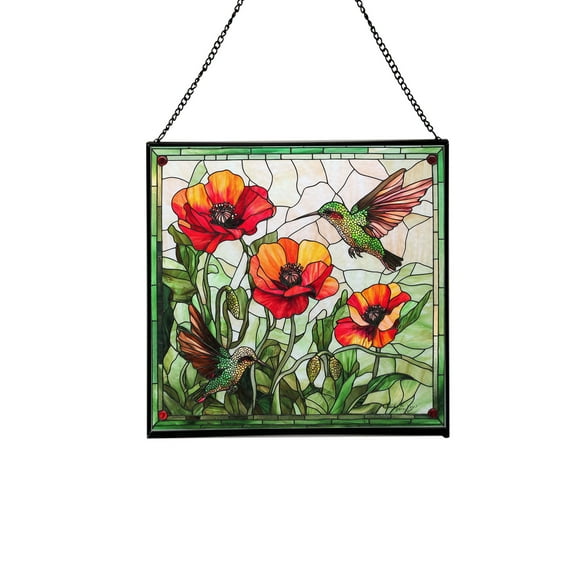 Poppy and Hummingbirds Stained Glass Panels Window Hangings Tiffany Glass Traditional Art Crafts for Home Decor Gifts Square design, 8in 69OR10