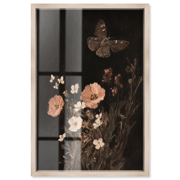Poppy and Moth I Shadowbox Print Botanical Decor by Art Remedy, Blonde Frame, 10 x 15
