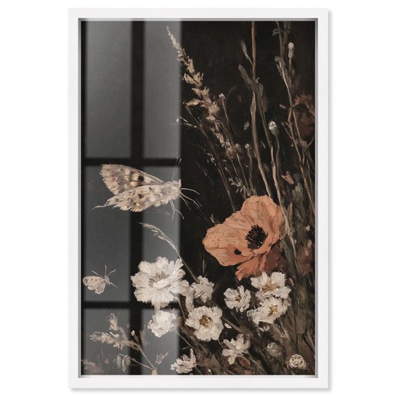 Poppy and Moth II Shadowbox Print Botanical Decor by Art Remedy, White Frame, 36 x 54