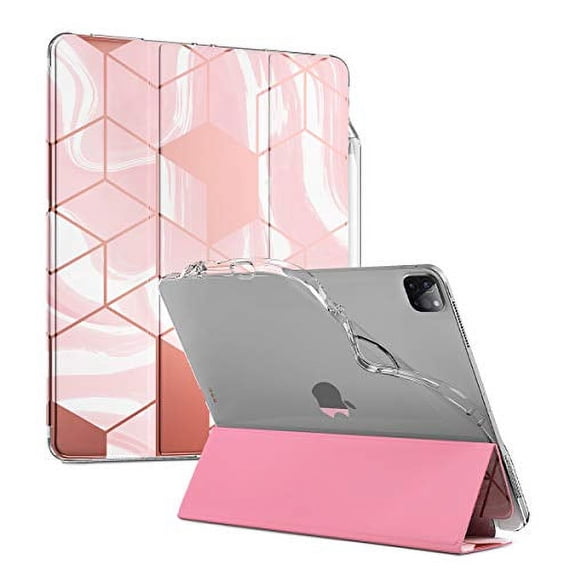 Popshine Marble Lite Series Designed for Apple iPad Pro 12.9 2020 & 2018 Case, Smart Cover with Pencil Holder, Flexible Soft Clear TPU Back, Slim Fit Trifold Stand Folio Front, Liquid Marble Pink