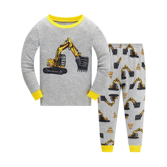 Popshion Boys Pajamas Set Toddler Kids 100% Cotton 2 Piece Long Sleeve Excavator Sleepwear 7T/6713