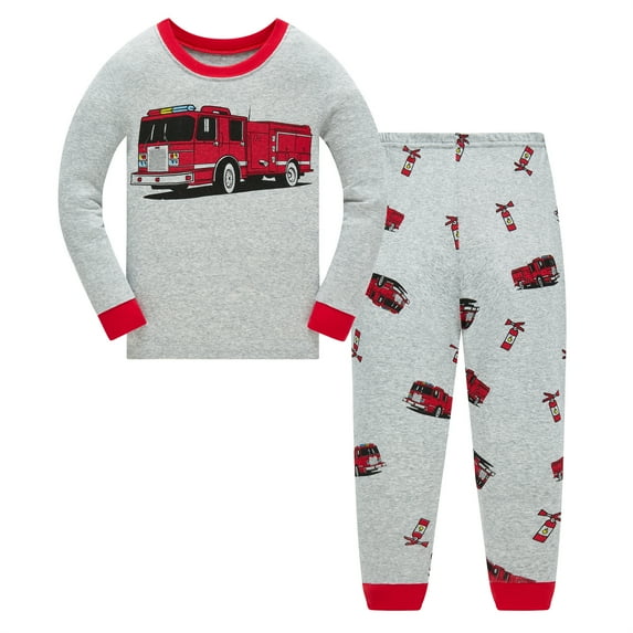 Popshion Boys Pajamas for Toddler Clothes Set Fire Truck Sleepwear Long Sleeve 100% Cotton 2 Piece Kids Pjs Size 3-7 Years 4T/6925