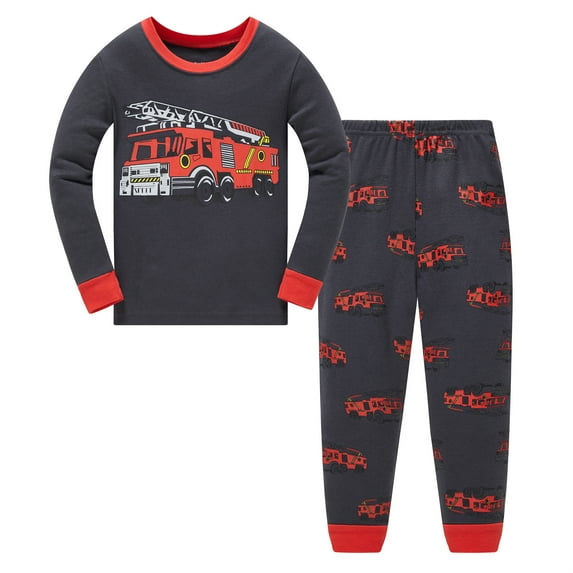 Popshion Boys Pajamas for Toddler Kids Clothes Set Fire Truck Sleepwear Long Sleeve 100% Cotton 2 Piece Kids Pjs 4T/6899
