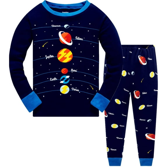 Popshion Boys Planet Pajamas 100% Cotton Pjs Toddler 2 Piece Long Sleeve Sleepwear Kids Clothes Set Space Shirt 7t/6125