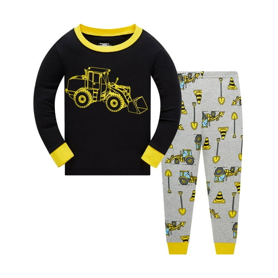 Popshion Little Boys Pajamas Set Toddler 100% Cotton 2 Piece Long Sleeve Bulldozer Sleepwear 6T/6711