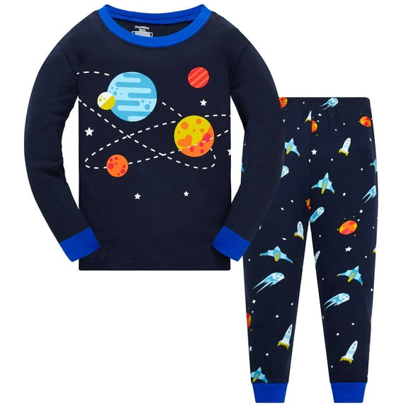 Popshion Little Boys Pajamas Toddler Kids 100% Cotton Space Planet 2 PCS Long Sleeve Sleepwear Set 5T/6436