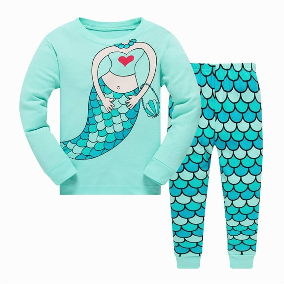 Popshion Toddler Baby Girls Mermaid Long Sleeve Top and Pants 100% Cotton Pajamas Set, 2 Piece, Size 3T-7 Years