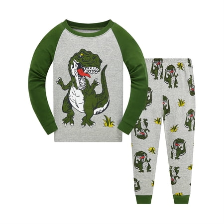 Popshion Toddler Boys Long Sleeve Pajamas Set T-rex Dinosaur Print Kids 100% Cotton 2 Piece Sleepwear 2T/6754
