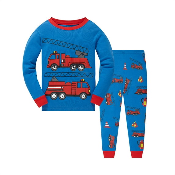 Popshion Toddler Boys Pajamas Fire Truck 100% Cotton Blue Pjs 2 Piece Long Sleeve Sleepwear Kids Clothes Set Size 6T/6599