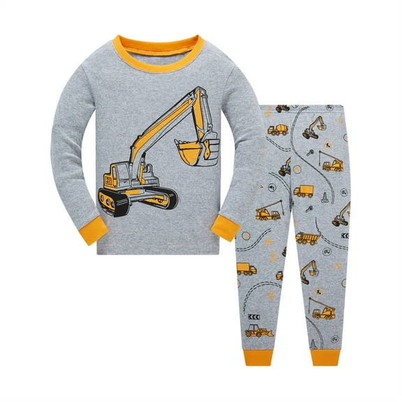 Popshion Toddler Boys Pajamas Set Excavator Kids 100% Cotton 2 Piece Long Sleeve Sleepwear 7T/6730