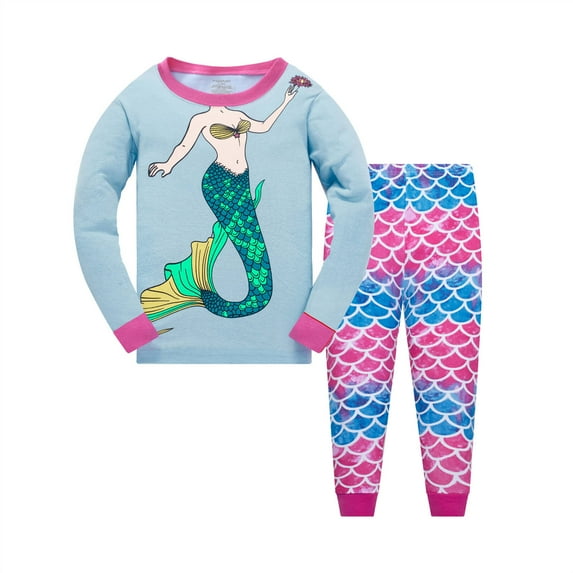Popshion Toddler Girl Mermaid Long Sleeve and Pants Snug-Fit Pajamas, 2-Piece, Size 7 Years