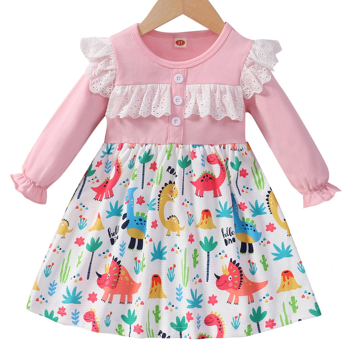 Popshion Toddler Girls Dinosaur Dress Casual Midlength Ruffle Dresses