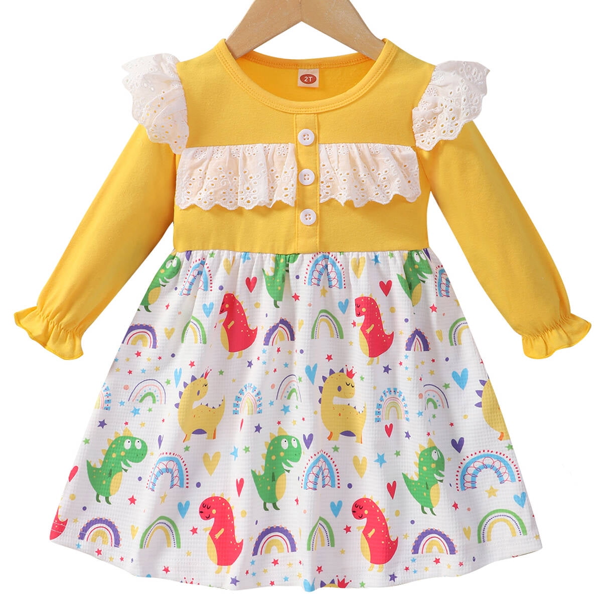 Popshion Toddler Girls Dinosaur Dress Casual Midlength Ruffle Dresses