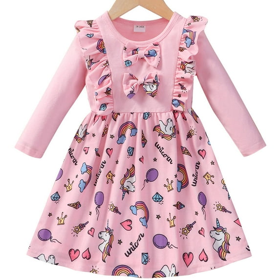 Popshion Toddler Girls Unicorn Bowknot Dress Colorblock Round Neck Casual Mid-length Fall Dress