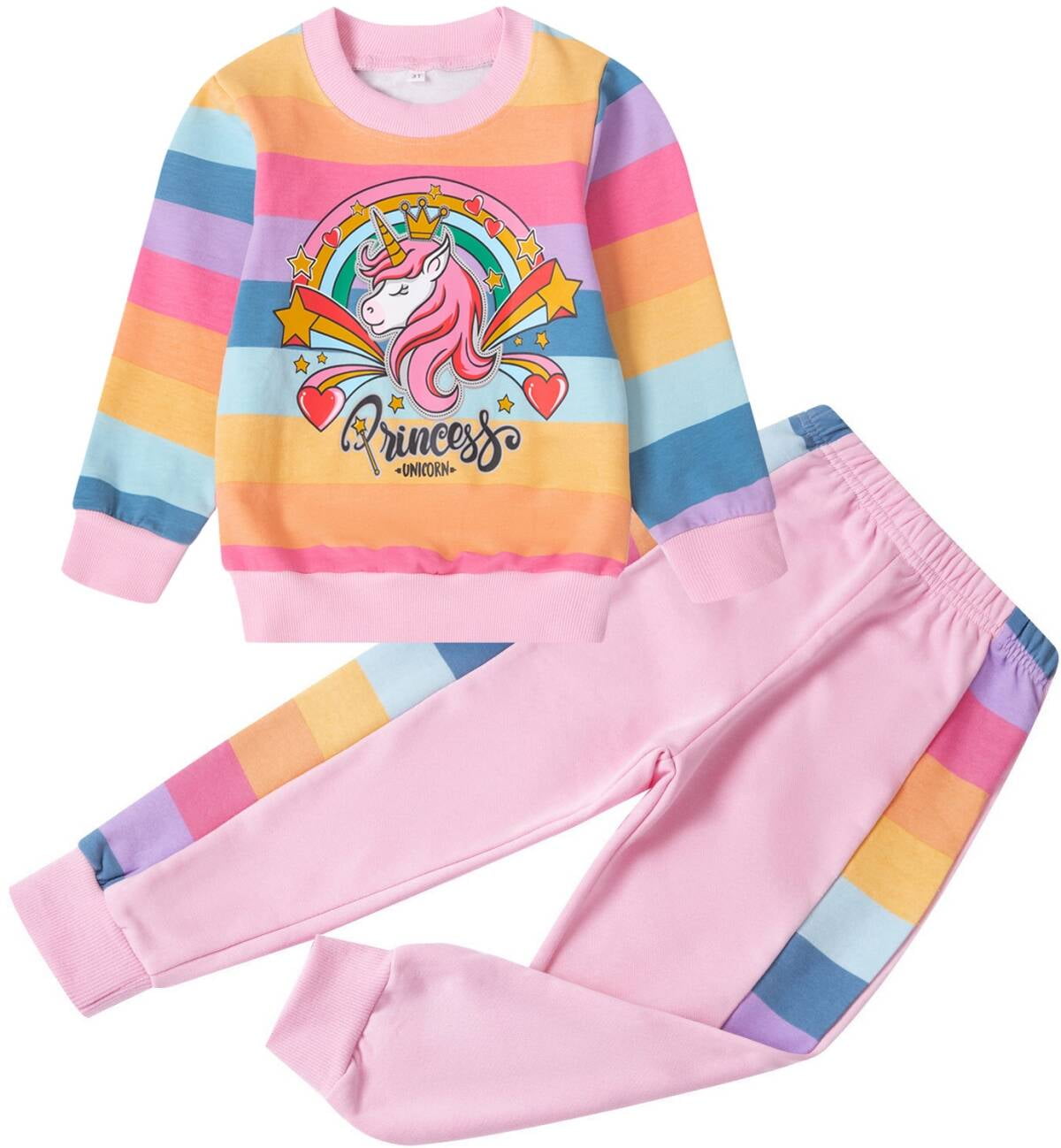 2-piece Toddler Girl Rainbow Embroidered Raglan Sleeve Sweater and Stripe Pants Set
