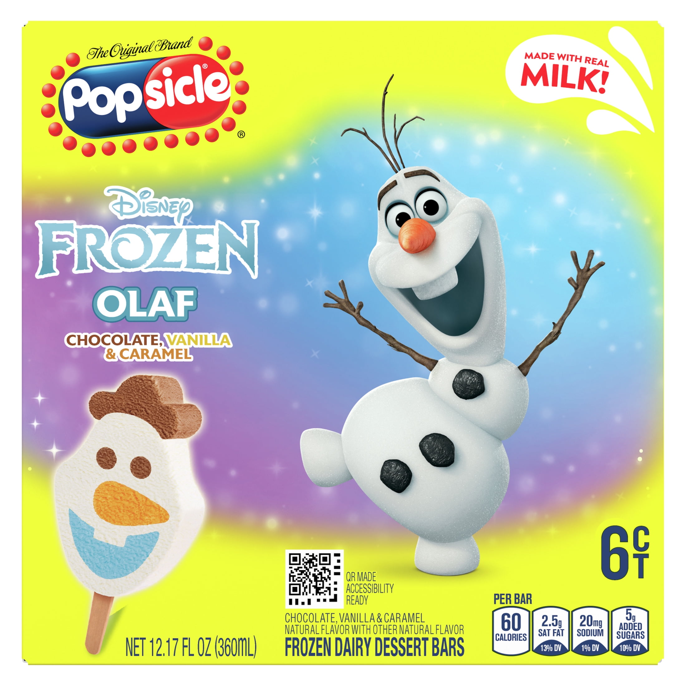 Popsicle Disney Frozen Olaf Colors from Natural Sources Chocolate Vanilla Caramel Ice Cream Bars, 6 Count