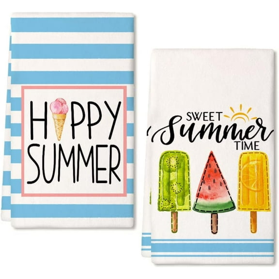 Popsicle Hello Summer Kitchen Towels Dish Towels Set of 2,Blue Stripes Ice Cream Hand Towels 18x26 Inch Drying Dishcloth,Farmhouse Home Seasonal Holiday Summer Decorations