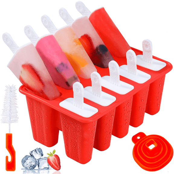 RYLZX Popsicle Molds 10 Pieces Silicone Ice Pop Models Popsicle Models Reusable Easy Release Ice Pop Maker Bring a brush (10 Cavities-Red)
