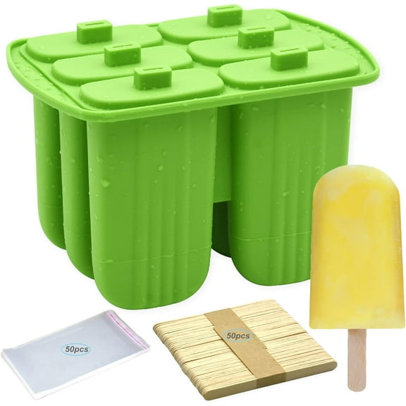 Popsicle Molds,6 Pieces Popsicles Molds Silicone BPA Free,Homemade Popsicle Maker,Reusable Easy Release Ice Pop Molds for Kids Adults,with 50 Popsicle Sticks and 50 Popsicle Bags(Green)