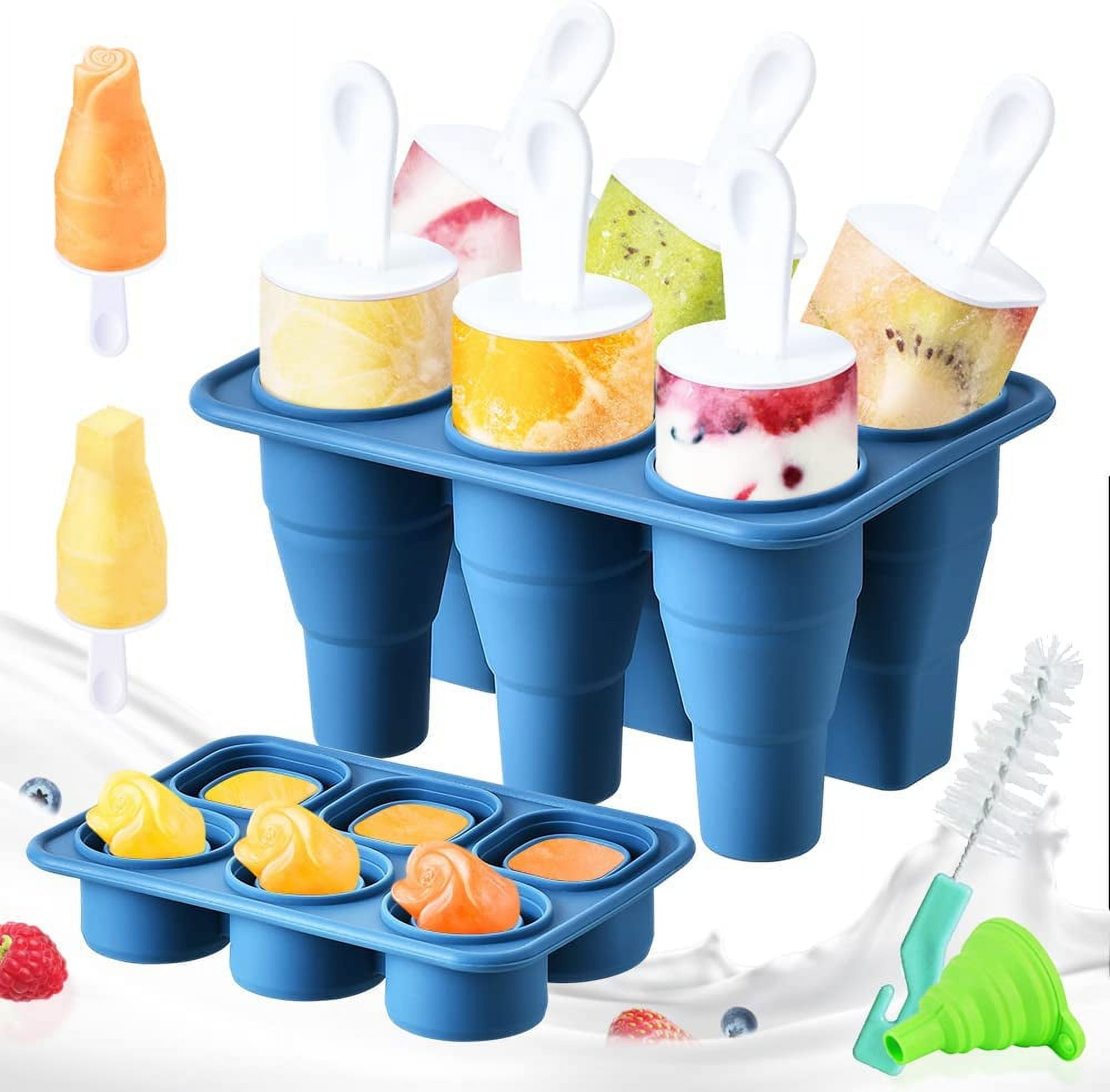 Popsicle Molds 6 Pieces Silicone Ice Pop Molds, BPA Free Popsicle Mold  Reusable Easy Release Ice Pop Maker with Silicone Funnel and Cleaning  Brush,Blue\u2026 