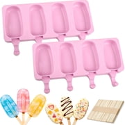 SUSWIM Popsicle Molds Set of 2, Ice Pop Molds Silicone 4 Cavities Ice Cream Oval Cake Pop Mold with 50 Wooden Sticks for DIY Popsicle, Clear Pink