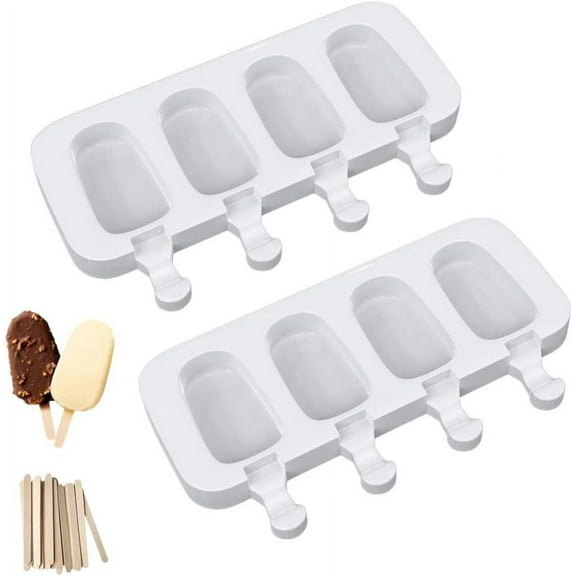 Popsicle Molds Set of 2, Ice Pop Molds Silicone 4 Cavities Ice Cream Oval Cake Pop Mold with 50 Wooden Sticks for DIY Popsicle, Clear
